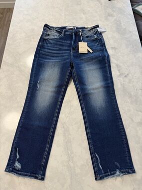 KanCan Women’s Dark Blue Straight Leg Jeans with Distressed Hem